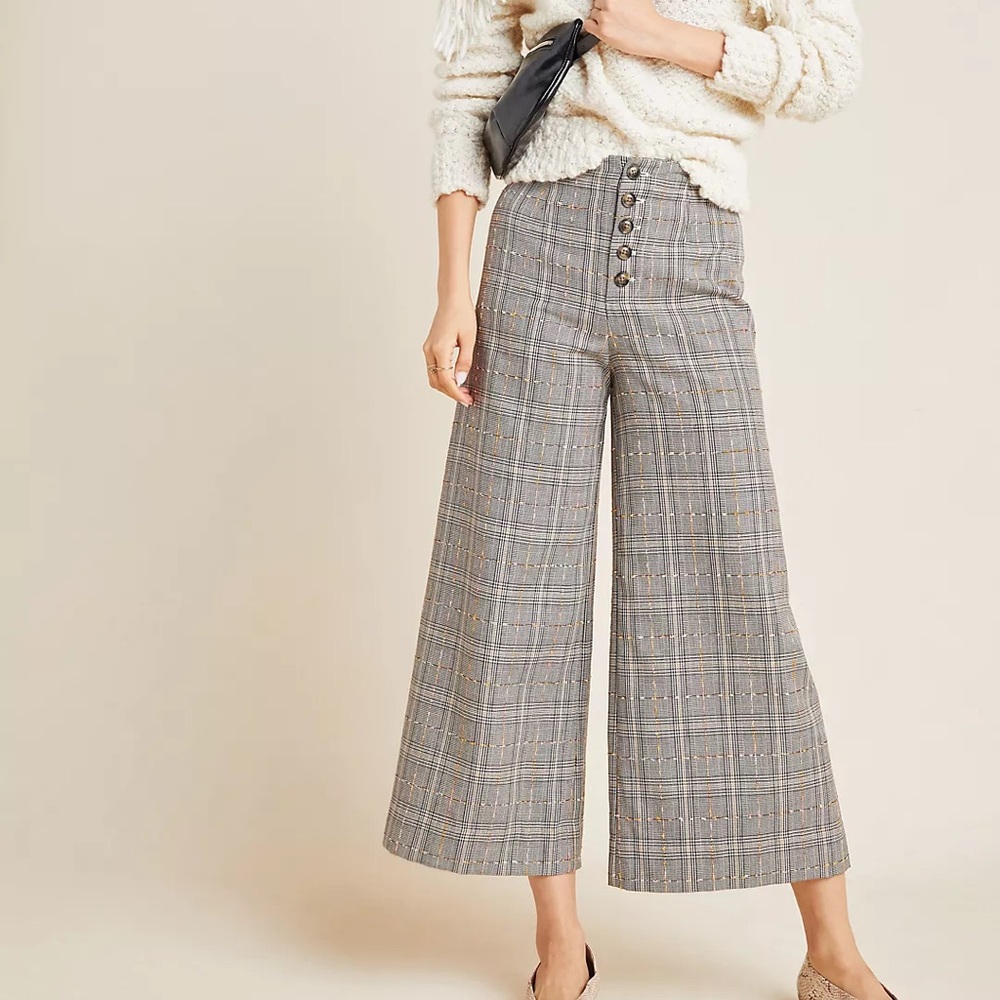 Anthropologie Roma Gray Plaid Wide-Leg Trousers